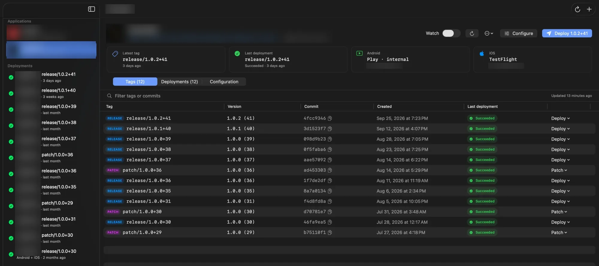 Mili Ship showing an app's release and patch tags, each with its version, commit, date and a Succeeded deployment status
